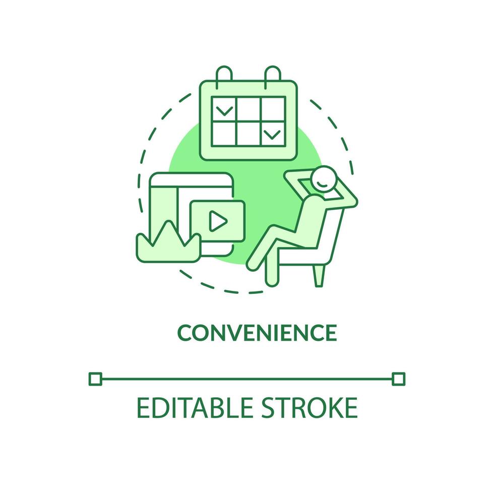 bekvämlighet grönt koncept ikon. mediatjänst. abonnemang fördelar abstrakt idé tunn linje illustration. isolerade konturritning. redigerbar linje. roboto-medium, otaliga pro-bold typsnitt som används vektor