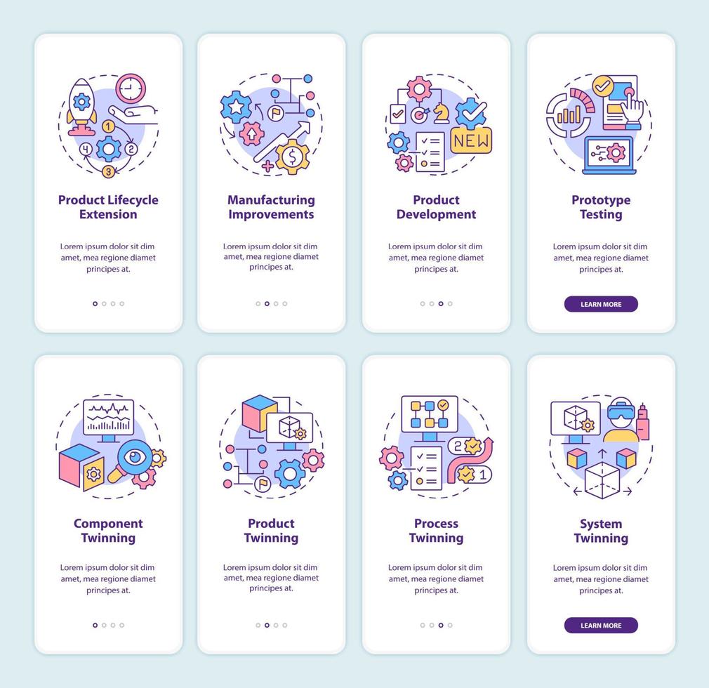 digitale Zwillingstechnologie zum Onboarding mobiler App-Bildschirmsätze. Aufgaben Komplettlösung 4 Schritte grafische Anleitungsseiten mit linearen Konzepten. ui, ux, gui-Vorlage. Unzählige pro-fette, normale Schriftarten werden verwendet vektor