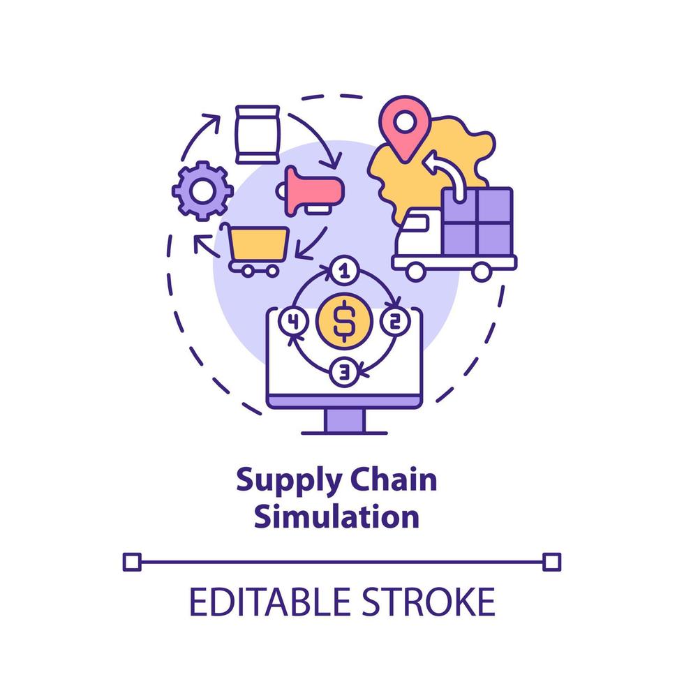 Symbol für das Konzept der Lieferkettensimulation. logistiknetzwerk abstrakte idee dünne linie illustration. Nutzung des digitalen Zwillings. isolierte Umrisszeichnung. editierbarer Strich. Roboto-Medium, unzählige pro-fette Schriftarten verwendet vektor