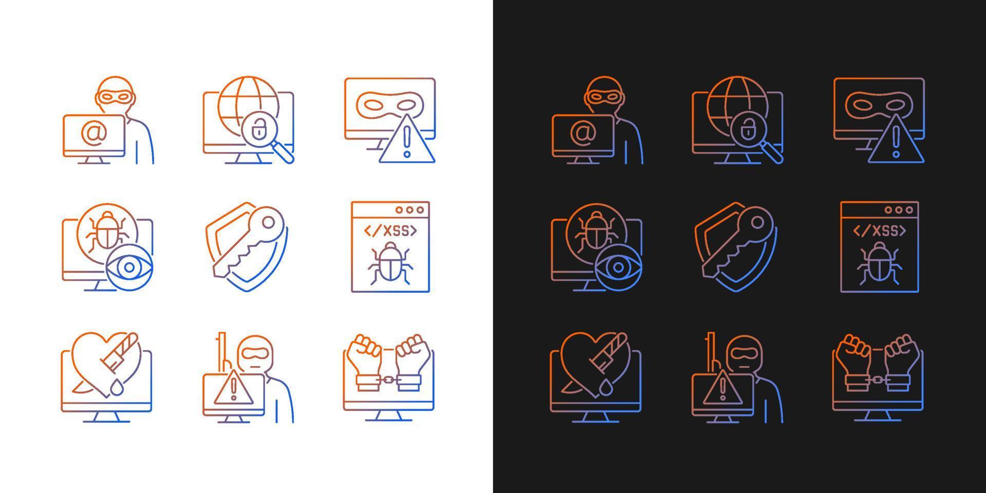cyberattacker typer gradientikoner inställda för mörkt och ljust läge. nätverkskrasch. spionprogram, rootkit. tunn linje kontur symboler bunt. isolerade vektor kontur illustrationer samling på svart och vitt