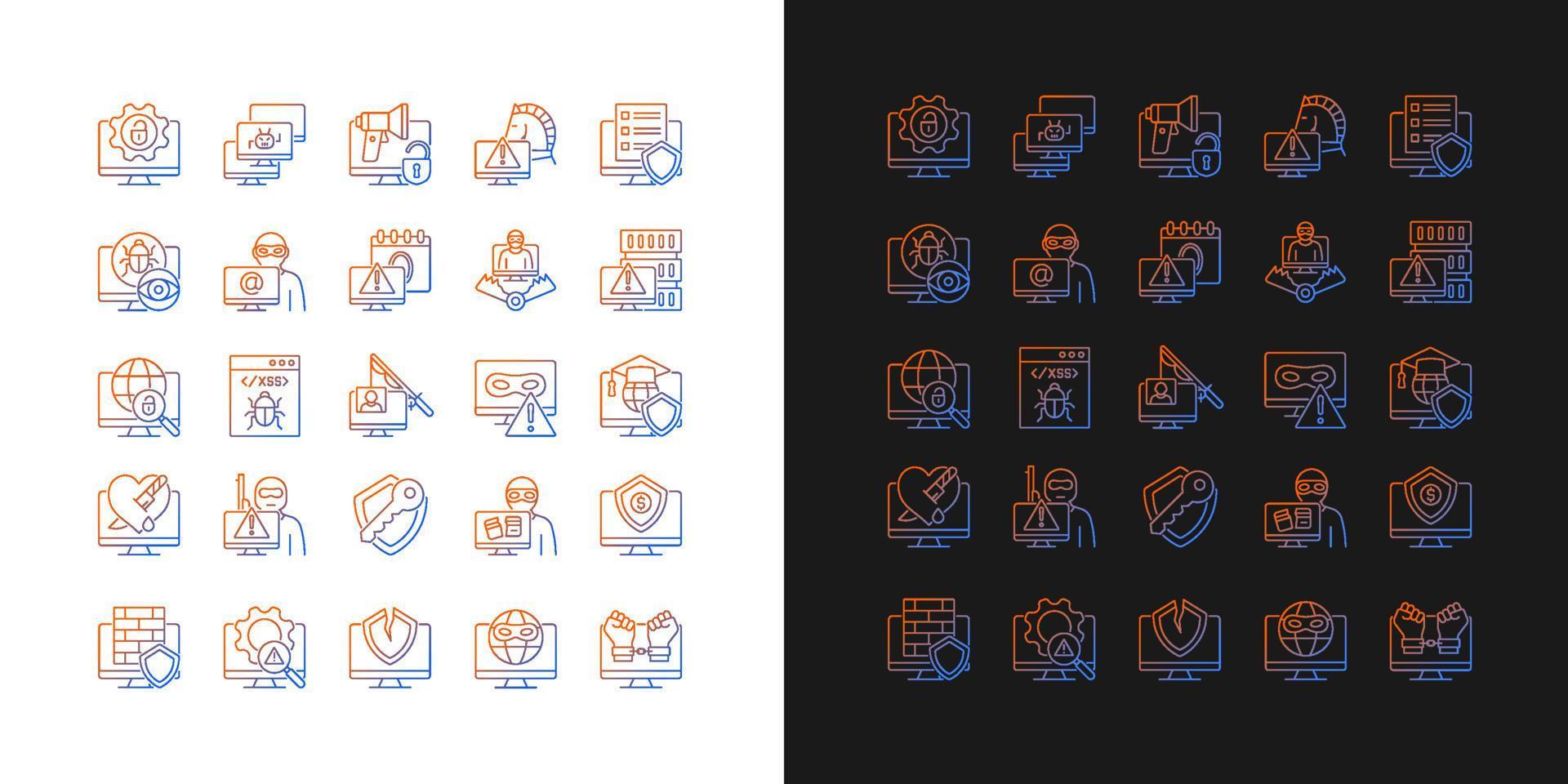 Gradientensymbole für Hackerangriffe, die für den dunklen und hellen Modus eingestellt sind. Computersystem, Netzwerkstörung. dünne Linienkontursymbole bündeln. Sammlung von isolierten Vektorumrissillustrationen auf Schwarzweiß vektor