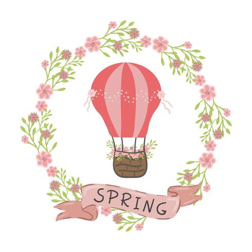 Affisch med rosa ballong med het luft med band med inskriptionen våren vektor