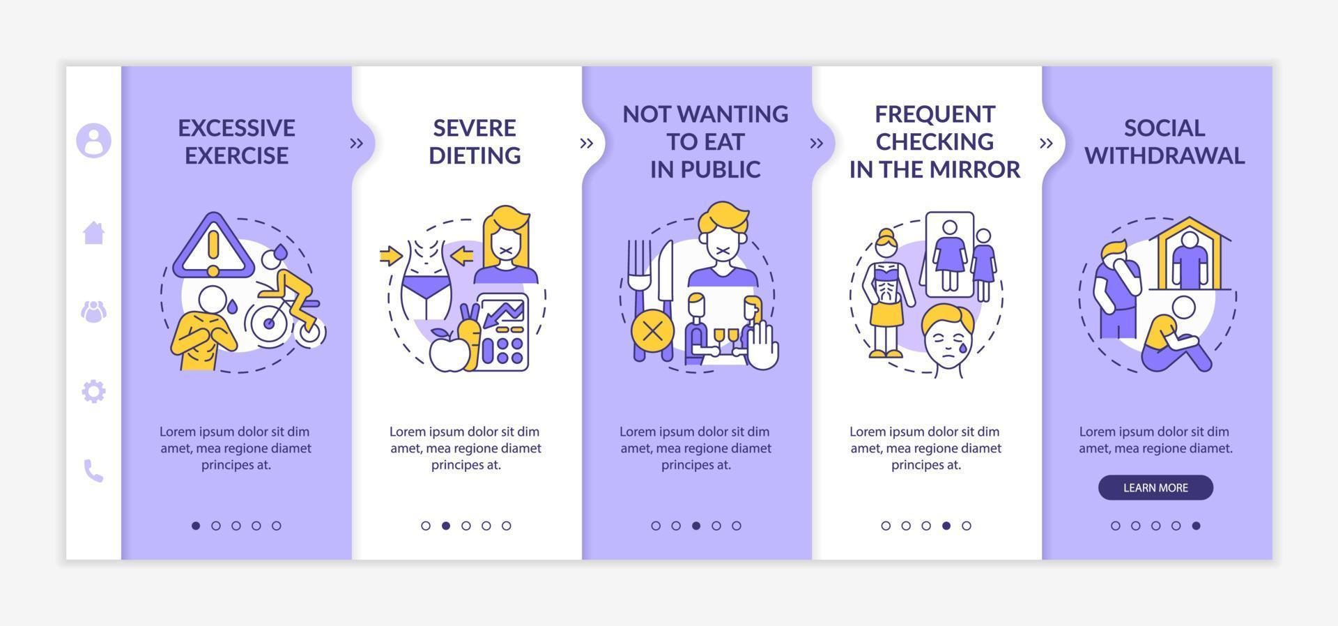 anorexi känslomässiga och beteendemässiga symptom lila och vit onboarding mall. responsiv mobilwebbplats med linjära konceptikoner. webbsida genomgång 5 steg skärmar. lato-fet, vanliga typsnitt som används vektor