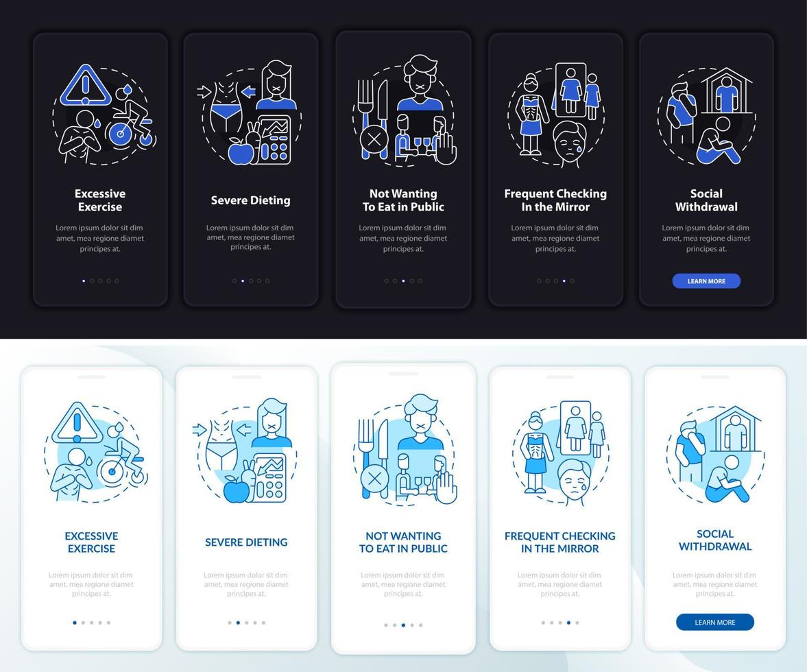 magersucht mentale symptome nacht- und tagmodus beim onboarding des mobilen app-bildschirms. Komplettlösung 5 Schritte grafische Anleitungsseiten mit linearen Konzepten. ui, ux, gui-Vorlage. Unzählige pro-fette, normale Schriftarten werden verwendet vektor