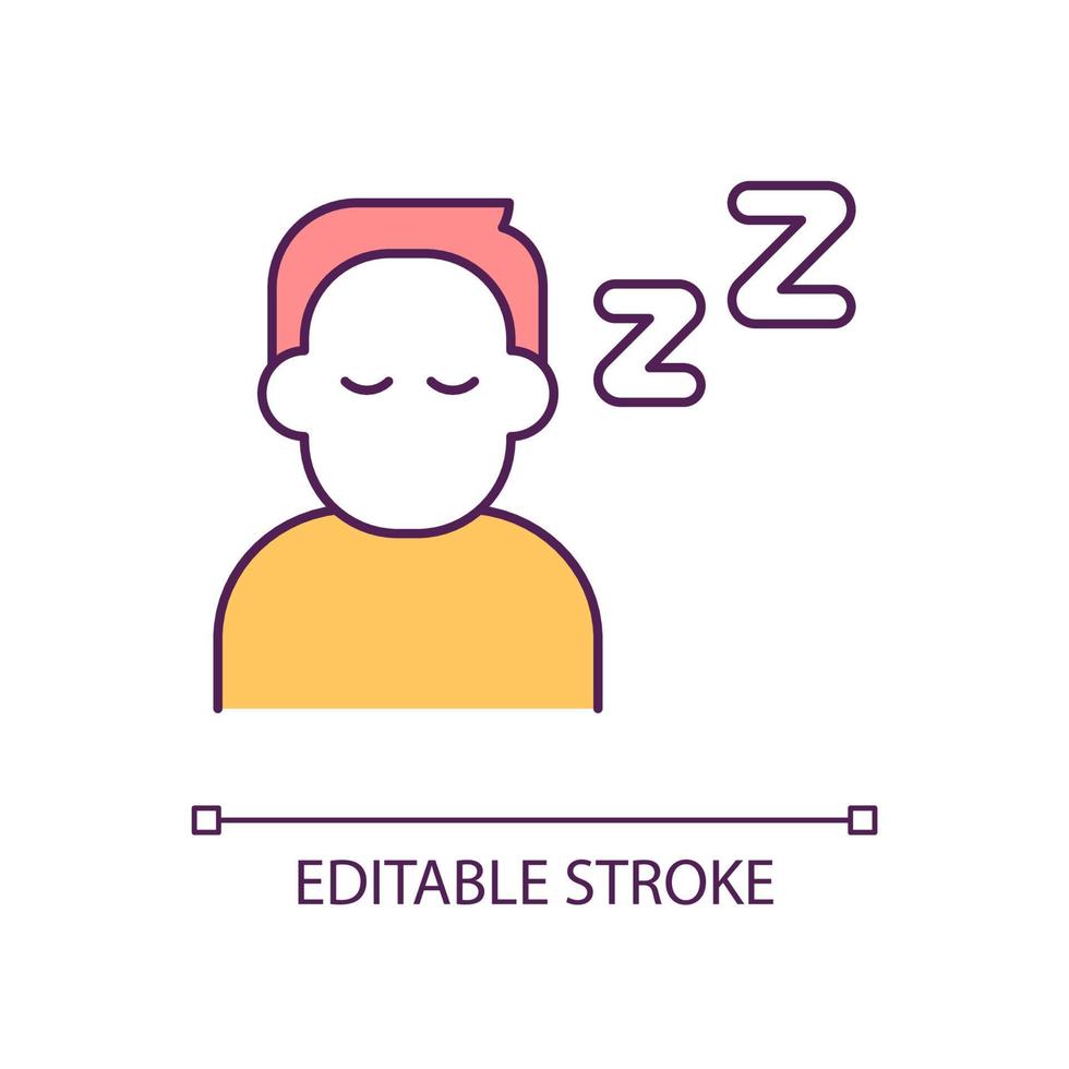 sovande man rgb färgikon. trött person som lider av sömnbrist. ohälsosam livsstil. isolerade vektor illustration. enkel fylld linjeritning. redigerbar linje. arial teckensnitt som används