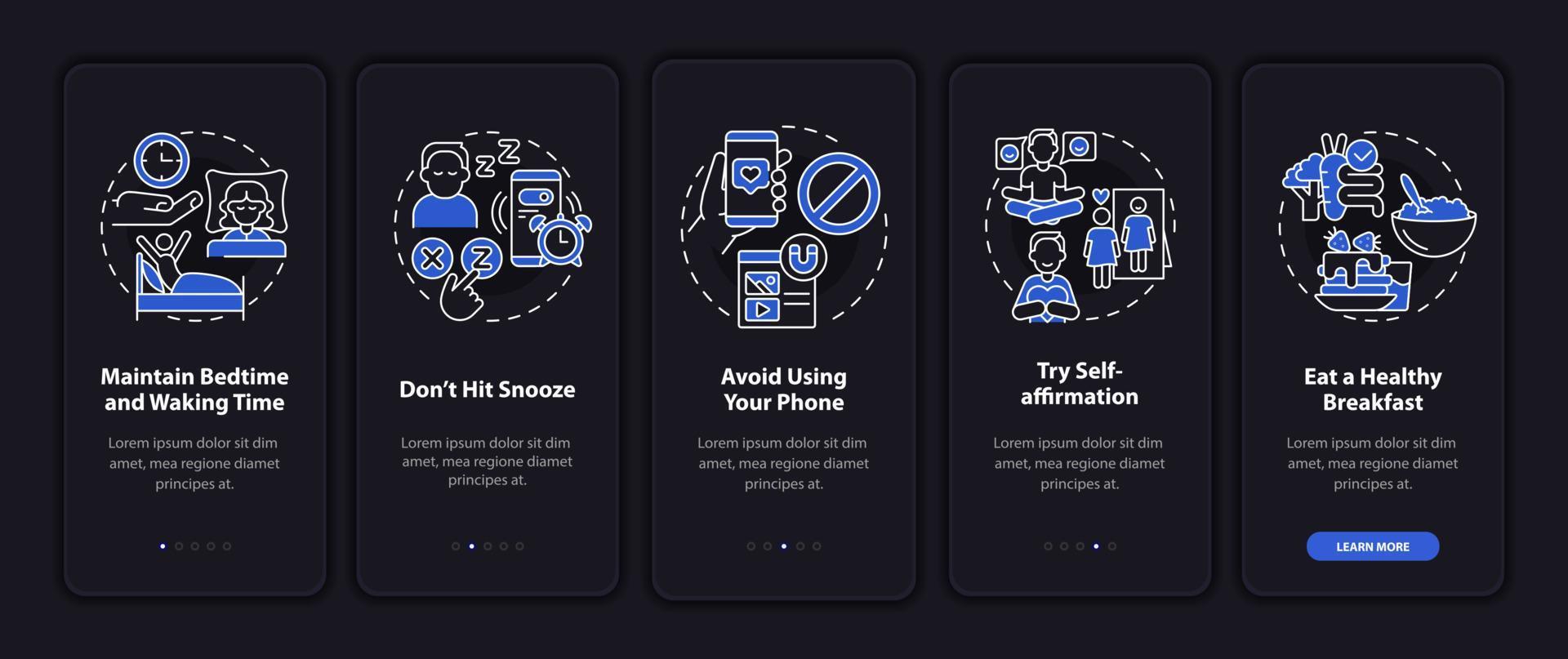 bygga morgonrutin nattläge ombord på mobilappskärmen. idéer genomgång 5 steg grafiska instruktioner sidor med linjära koncept. ui, ux, gui mall. otaliga pro-fet, vanliga typsnitt som används vektor