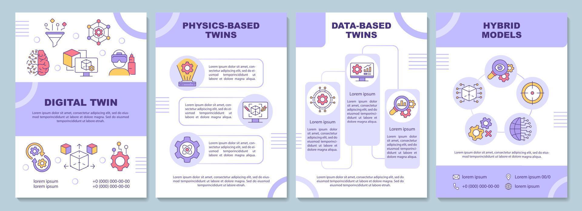 digitaler Zwilling gibt lila Broschürenvorlage ein. erweiterte Realität. Broschürendruckdesign mit linearen Symbolen. Vektorlayouts für Präsentationen, Jahresberichte, Anzeigen. arial-schwarz, unzählige Pro-Regular-Schriftarten verwendet vektor