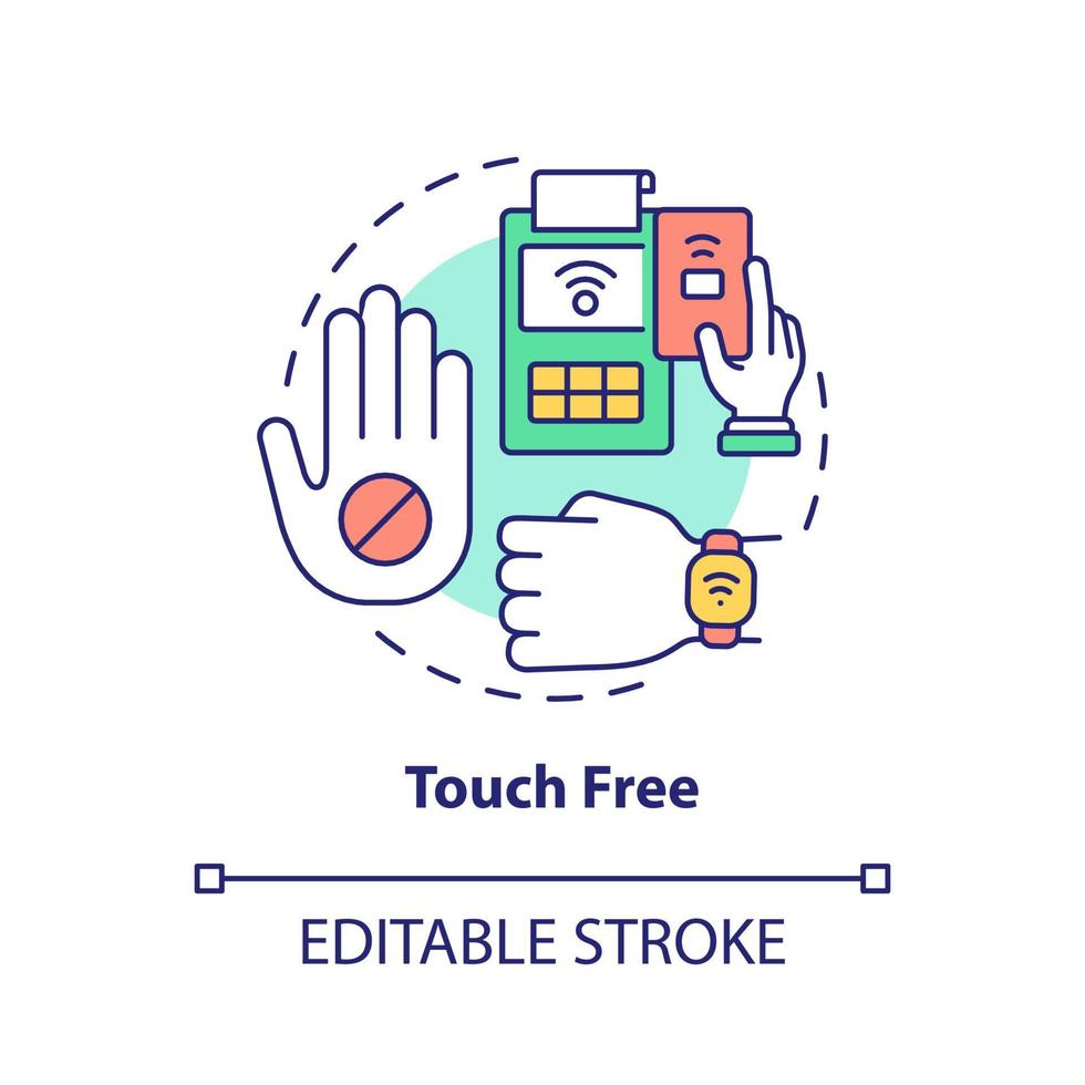 Berühren Sie das Symbol für das kostenlose Konzept. kontaktlose Zahlung. berührungsloses system abstrakte idee dünne linie illustration. isolierte Umrisszeichnung. editierbarer Strich. Roboto-Medium, unzählige pro-fette Schriftarten verwendet vektor