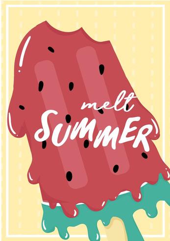 niedliche süße rote Wassermelone geschmolzene Eiscreme Popsicle-Sommerkarte vektor