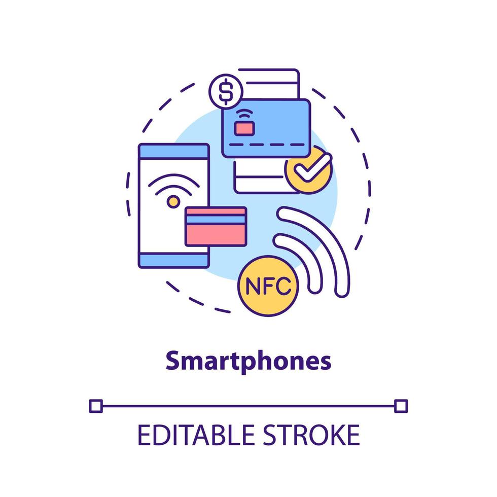 Smartphone-Konzept-Symbol. NFC-Zahlungslösung. berührungsloses system abstrakte idee dünne linie illustration. isolierte Umrisszeichnung. editierbarer Strich. Roboto-Medium, unzählige pro-fette Schriftarten verwendet vektor