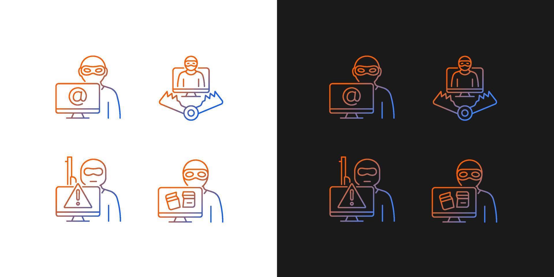 cyberangripare gradientikoner inställda för mörkt och ljust läge. Cyber terrorism. cyberkriminell fälla. tunn linje kontur symboler bunt. isolerade vektor kontur illustrationer samling på svart och vitt