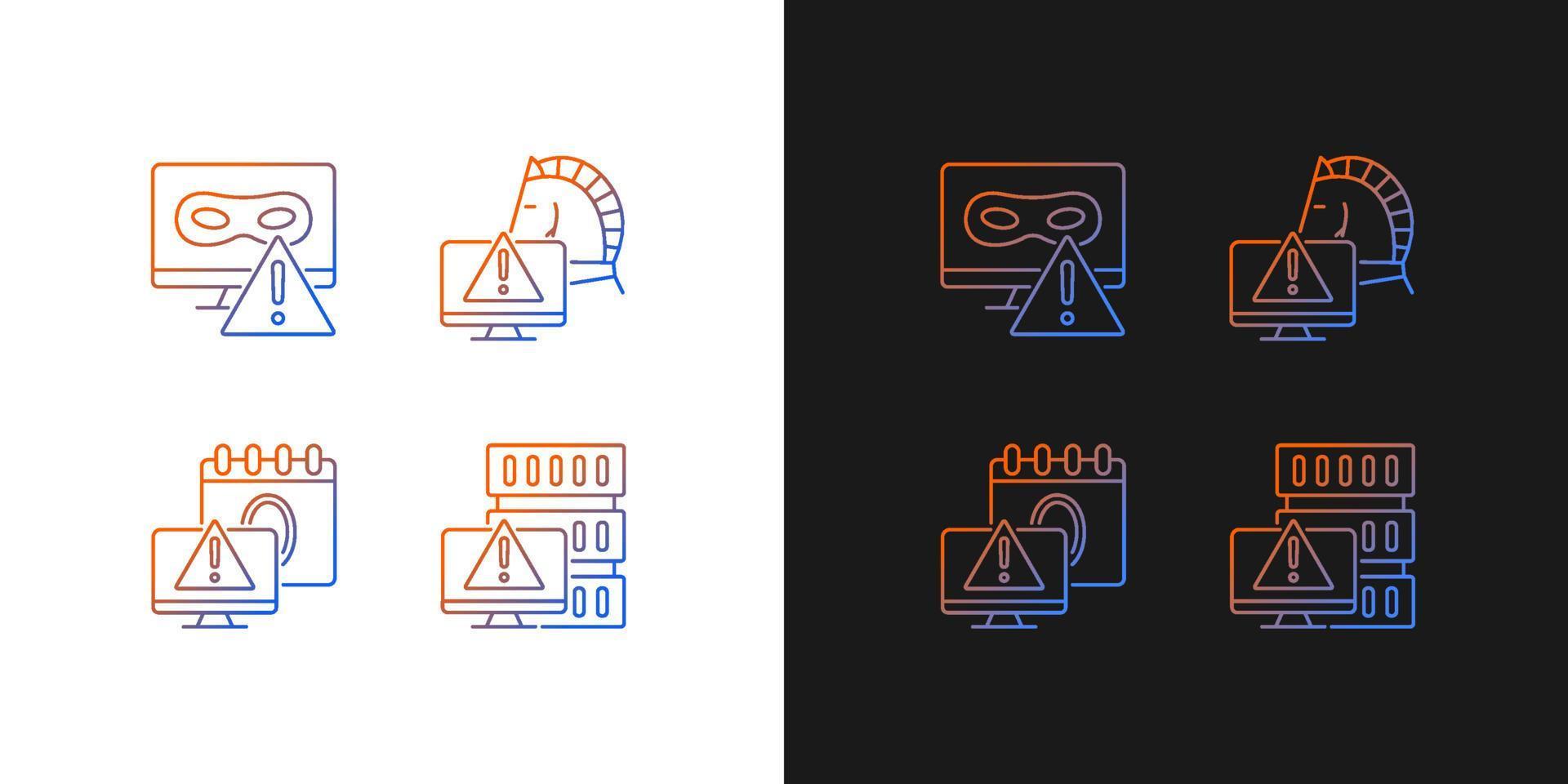 datorsystem attackerar gradientikoner inställda för mörkt och ljust läge. trojansk häst och rootkit. tunn linje kontur symboler bunt. isolerade vektor kontur illustrationer samling på svart och vitt