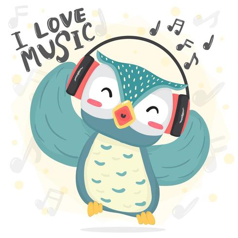 Happy Dance Blue Owl hören Musik und singen Lied mit Kopfhörern vektor