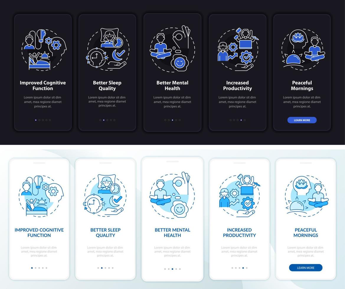 Aufwachen im frühen Nacht- und Tagmodus beim Onboarding des Bildschirms der mobilen App. Life Walkthrough 5 Schritte grafische Anleitungsseiten mit linearen Konzepten. ui, ux, gui-Vorlage. Unzählige pro-fette, normale Schriftarten werden verwendet vektor