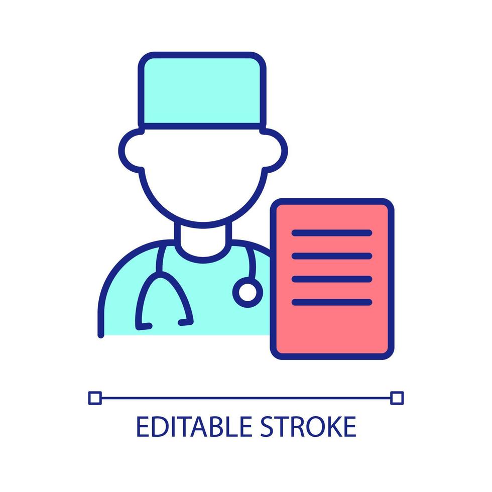 läkare undersökning rgb färgikon. klinisk rapport för patient från läkare. sjukvårdsform. isolerade vektor illustration. enkel fylld linjeteckning. redigerbar linje. arial teckensnitt som används