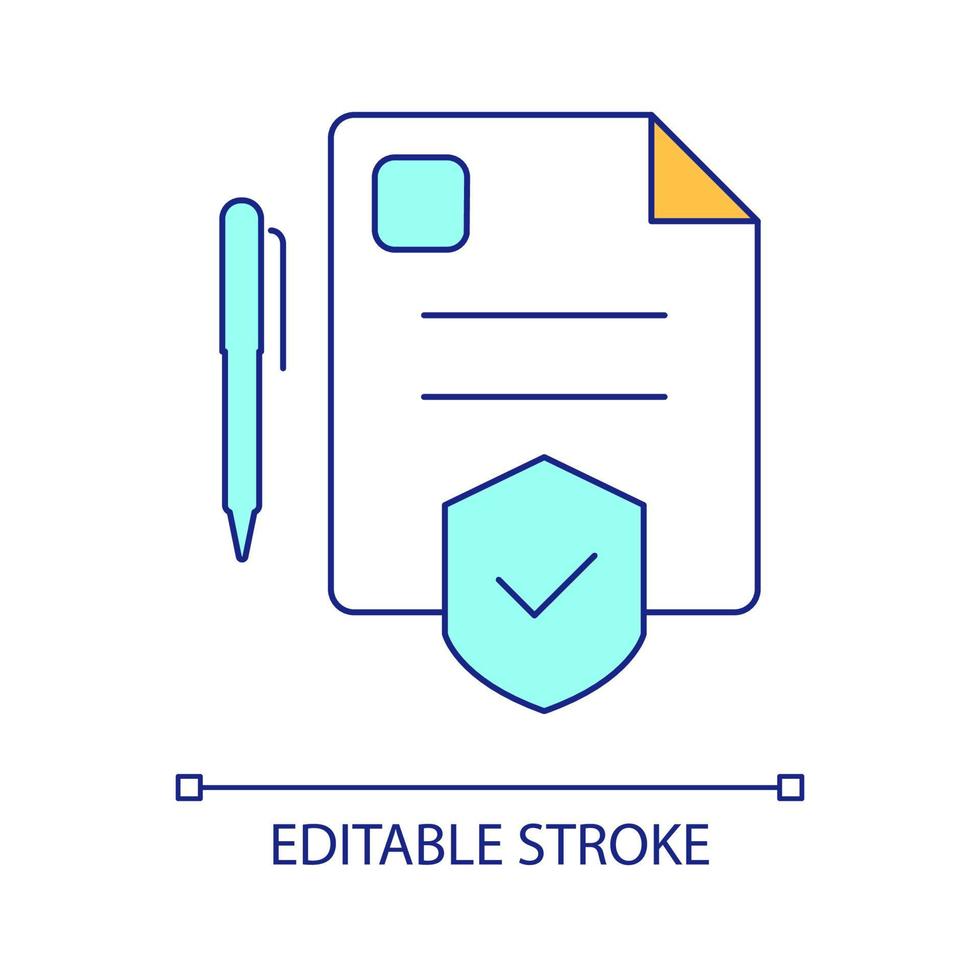 RGB-Farbsymbol für Versicherungsdienstleistungsvertrag. Unterlagen zur Berufssicherung und Schutzgewährleistung. isolierte vektorillustration. einfache gefüllte Strichzeichnung. editierbarer Strich. Schriftart Arial verwendet vektor