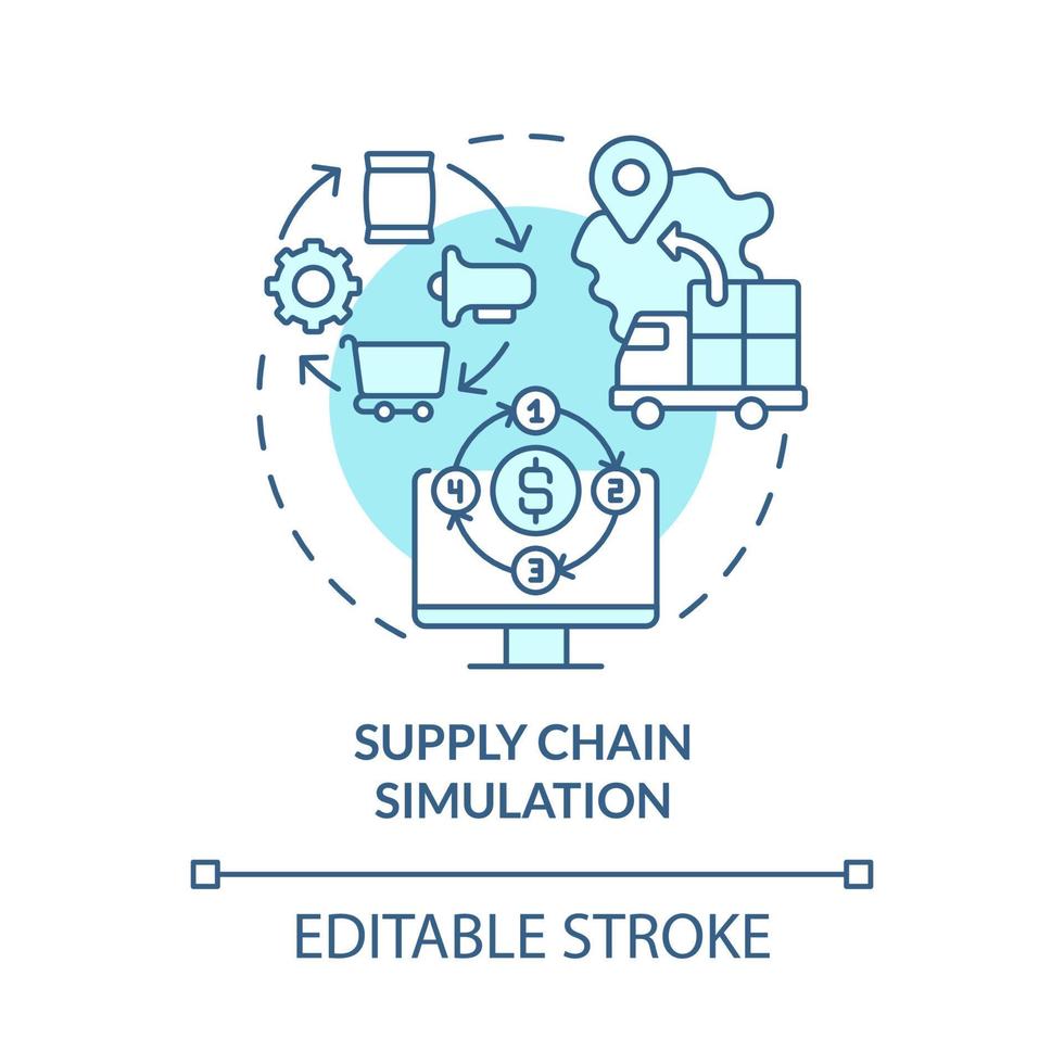 Symbol für das türkisfarbene Konzept der Lieferkettensimulation. verbesserung der geschäftsergebnisse abstrakte idee dünne linie illustration. isolierte Umrisszeichnung. editierbarer Strich. Roboto-Medium, unzählige pro-fette Schriftarten verwendet vektor