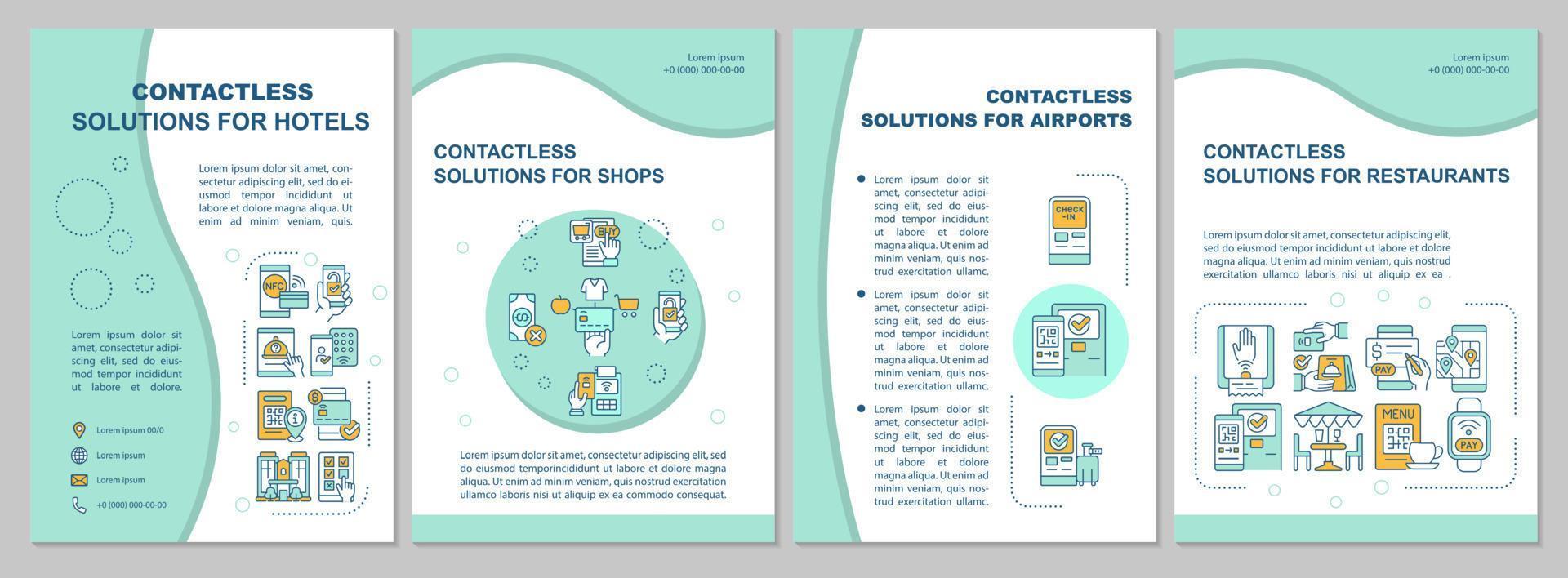 kontaktlose lösungen für öffentliche plätze mintbroschürenvorlage. Broschürendruckdesign mit linearen Symbolen. Vektorlayouts für Präsentationen, Jahresberichte, Anzeigen. arial, unzählige pro-reguläre Schriftarten verwendet vektor