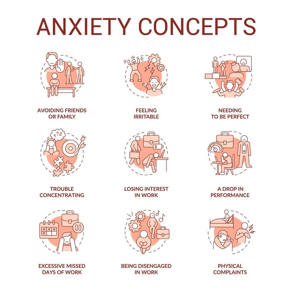 ångest terrakotta koncept ikoner set. känslomässig reaktion på stress. mental hälsa problem idé tunn linje färg illustrationer. isolerade konturritningar. roboto-medium, otaliga pro-bold typsnitt som används vektor