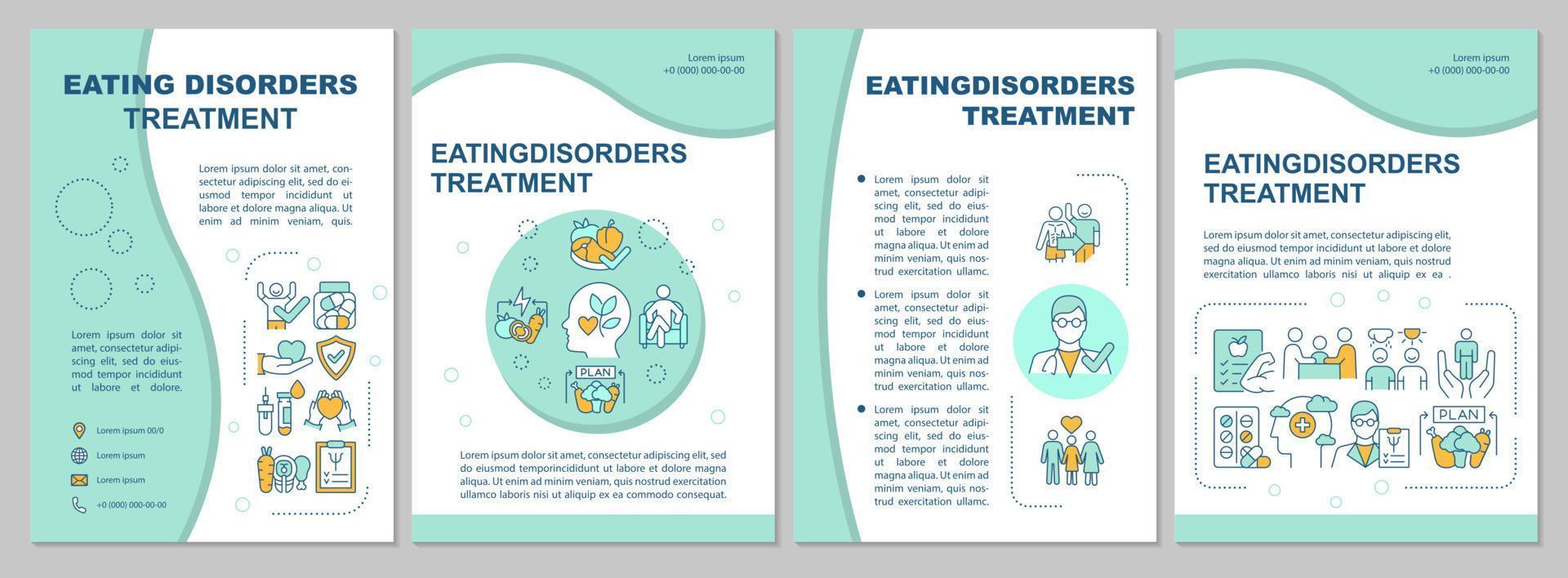 ätstörningar behandling mint broschyr mall. bulimi terapi. häftesutskrift med linjära ikoner. vektor layouter för presentation, årsredovisningar, annonser. arial, otaliga pro-vanliga typsnitt som används