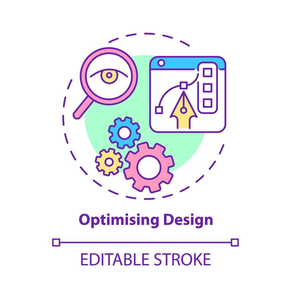 Optimierung des Designkonzepts Symbol. Marktforschungstechnologie. visuelle Innovation. Produkt abstrakte Idee dünne Linie Illustration verbessern. Vektor isolierte Umrissfarbe Zeichnung. editierbarer Strich