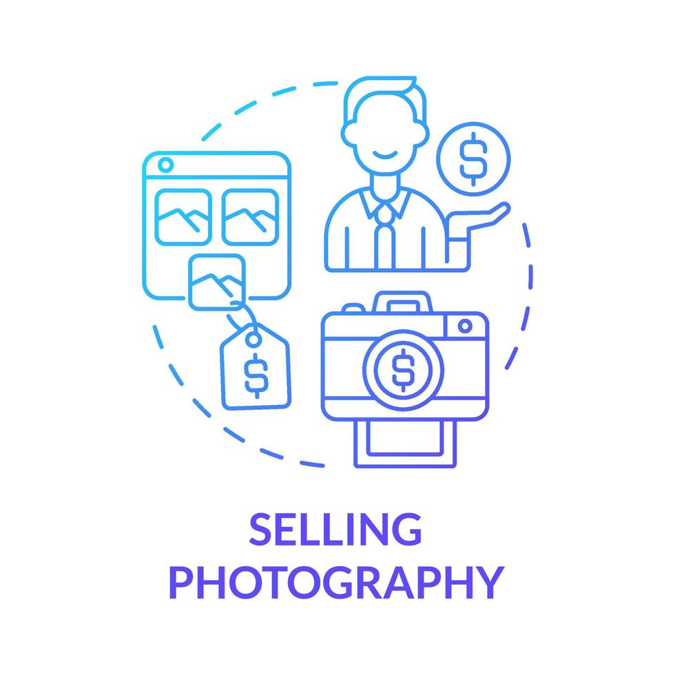 Verkauf von Fotografie blau Gradienten Konzept Symbol. Geld online verdienen Ansatz abstrakte Idee dünne Linie Illustration. Stock Fotografie-Website. kaufmännische Arbeit. Vektor isolierte Umrissfarbe Zeichnung