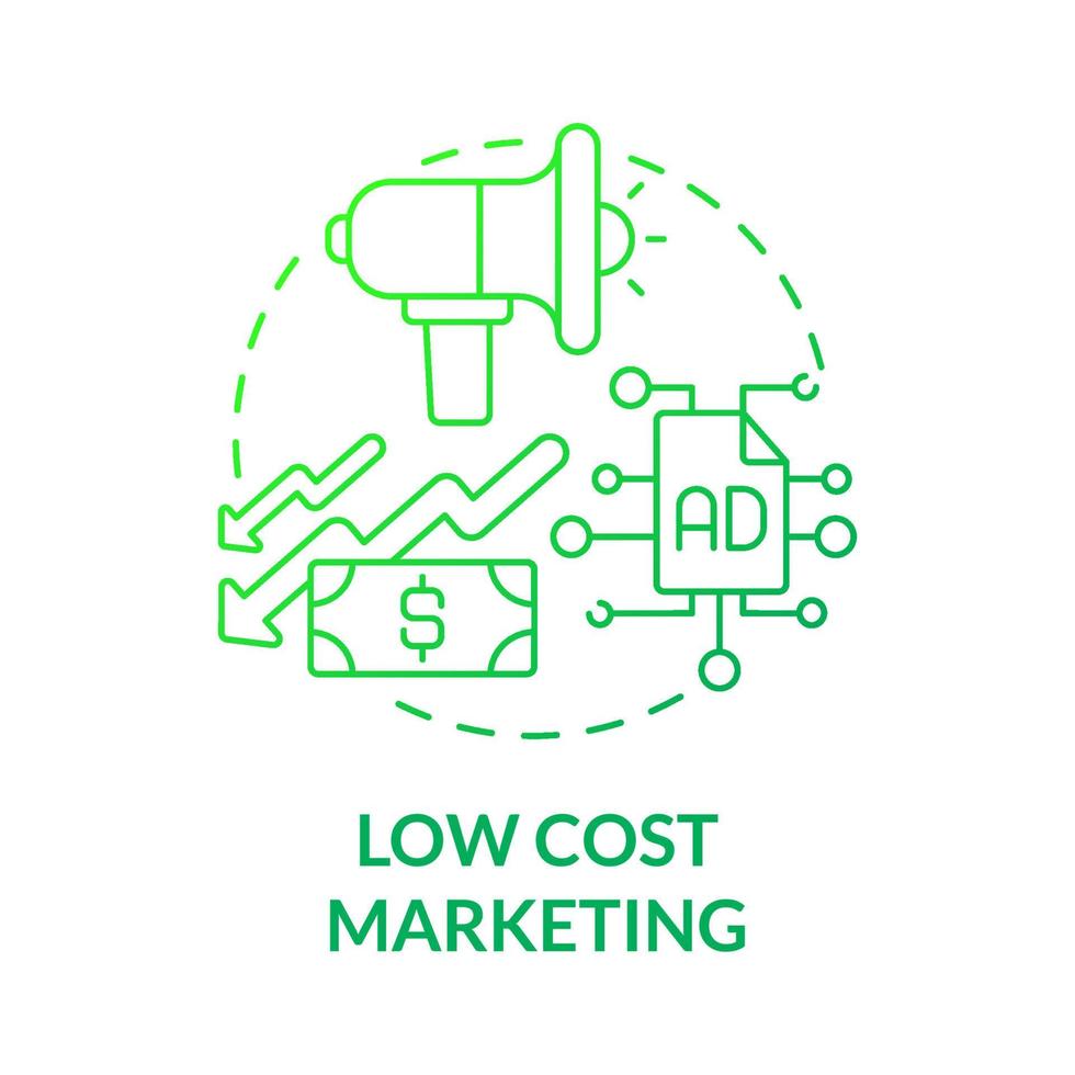 låg kostnad marknadsföring grön gradient koncept ikon. online entreprenörskap fördel abstrakt idé tunn linje illustration. företagens intäkter och kostnader. vektor isolerade kontur färgritning