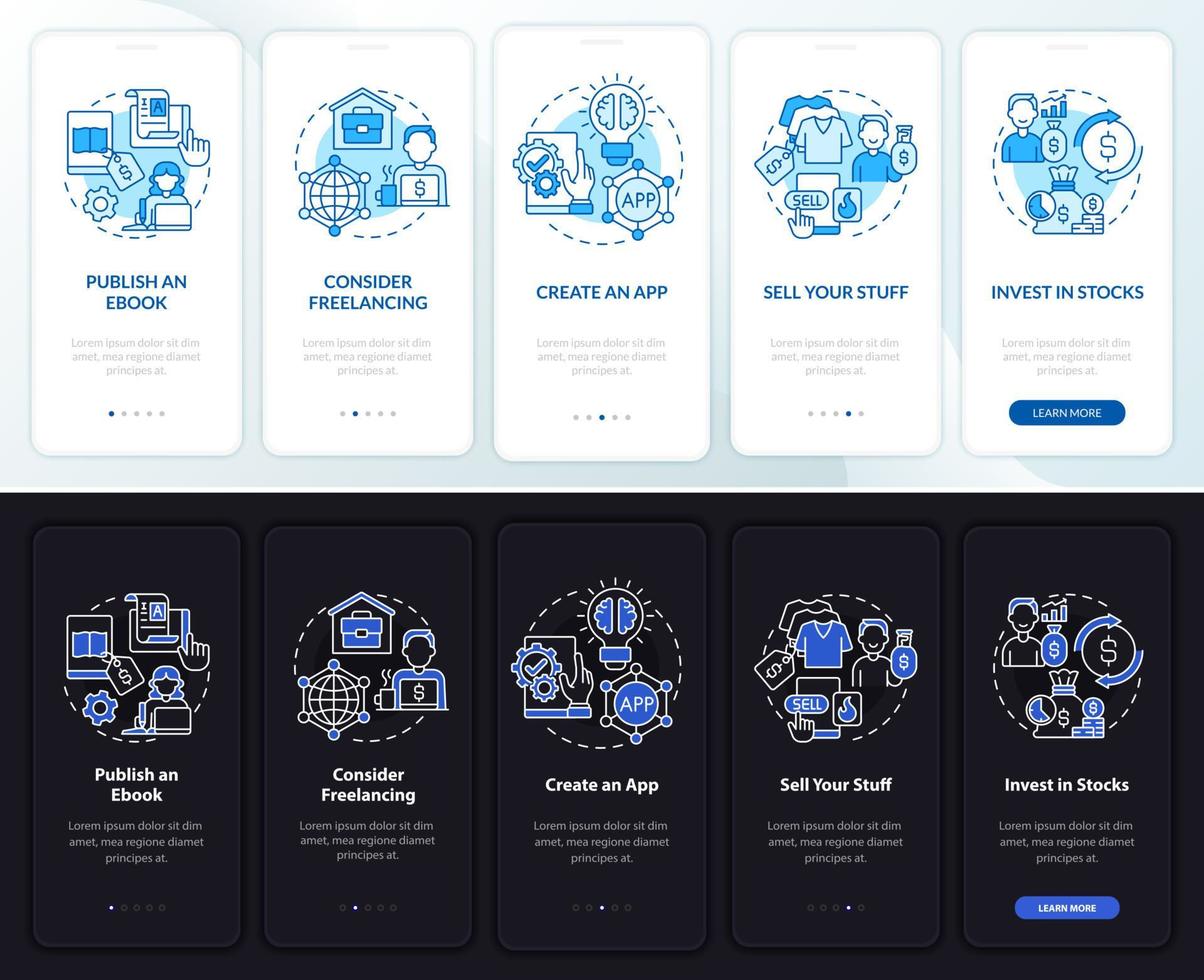 sätt att tjäna pengar på mobilappsidan. publicera e-bok genomgång 5 steg grafiska instruktioner med koncept. ui, ux, gui vektormall med linjära natt- och daglägesillustrationer vektor