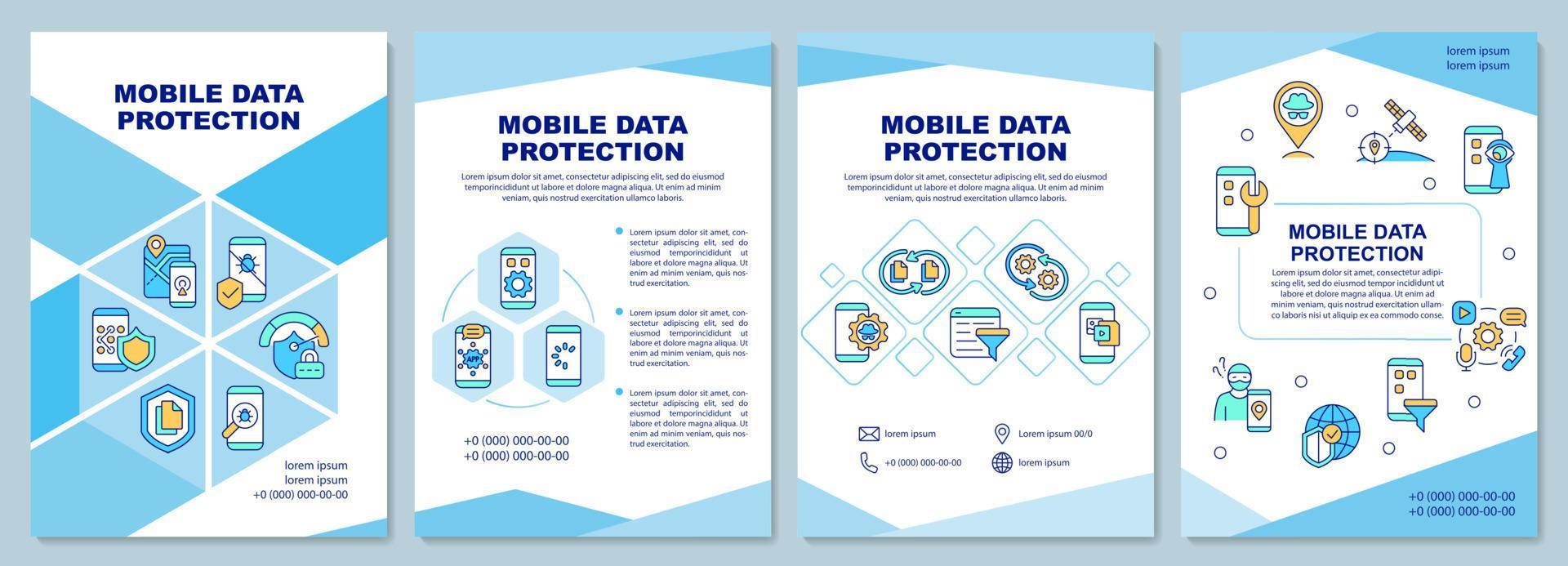 Broschürenvorlage mit Datenschutztipps für Mobilgeräte. flyer, broschüre, broschürendruck, cover-design mit linearen symbolen. Vektorlayouts für Präsentationen, Geschäftsberichte, Anzeigenseiten vektor