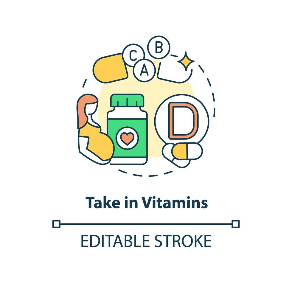 Symbol für das Vitaminkonzept einnehmen. schwangerschaft diät abstrakte idee dünne linie illustration. Bereitstellung von pränatalen Multivitaminen und Mineralien. Vektor isolierte Umrissfarbe Zeichnung. editierbarer Strich