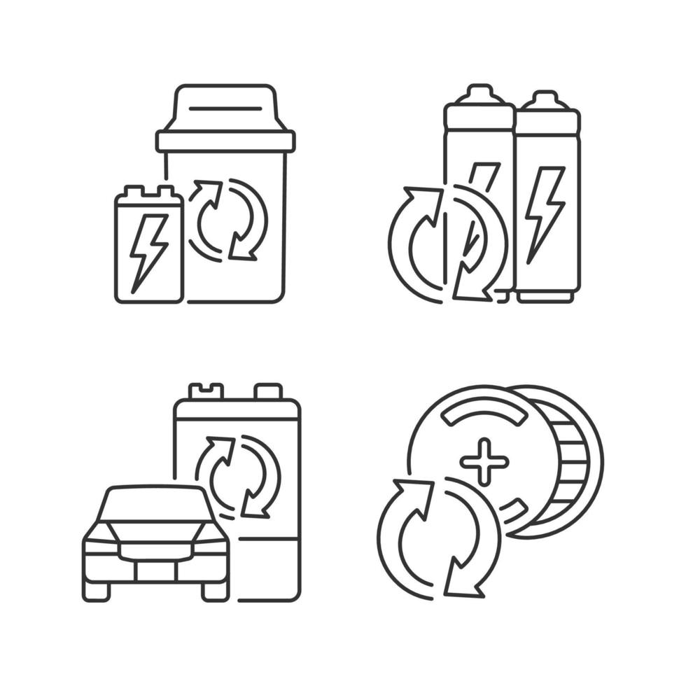 recycelbare Batterietypen lineare Symbole gesetzt. Recycling von Lithium-Ionen-Batterien. Wiederverwendung von Autobatterien. anpassbare dünne Linienkontursymbole. isolierte vektorumrissillustrationen. editierbarer Strich vektor