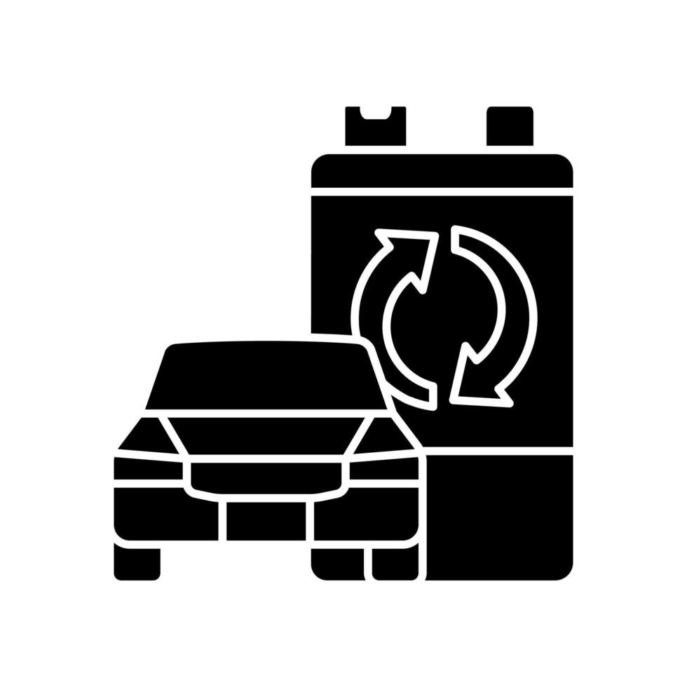 återvinningsbart ev batteri svart glyfikon. återanvändning av elfordonsackumulator. materialåtervinning av hybridbilbatteri. avfallshantering. siluett symbol på vitt utrymme. vektor isolerade illustration