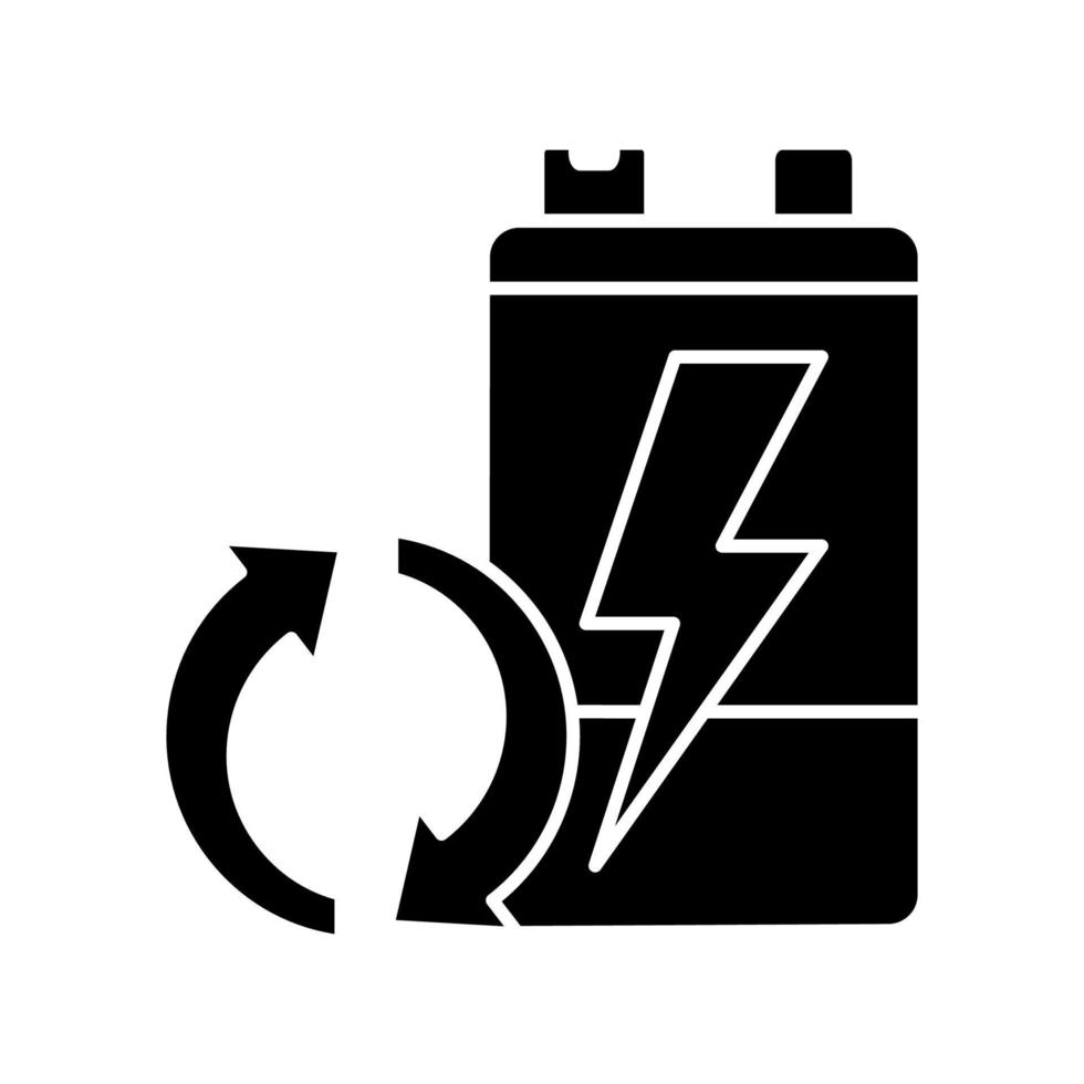 schwarzes Glyphen-Symbol für recycelbare Batterien. alte Akkus wiederverwenden. Wertstoffrückgewinnung. Vermeidung von Ressourcenverschwendung. Kreislaufwirtschaft. Schattenbildsymbol auf Leerraum. vektor isolierte illustration