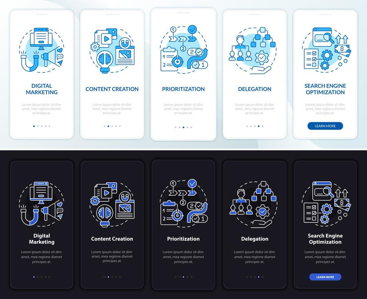 entreprenöriella färdigheter ombord på mobilappsidan. delegation genomgång 5 steg grafiska instruktioner med koncept. ui, ux, gui vektormall med linjära natt- och daglägesillustrationer vektor