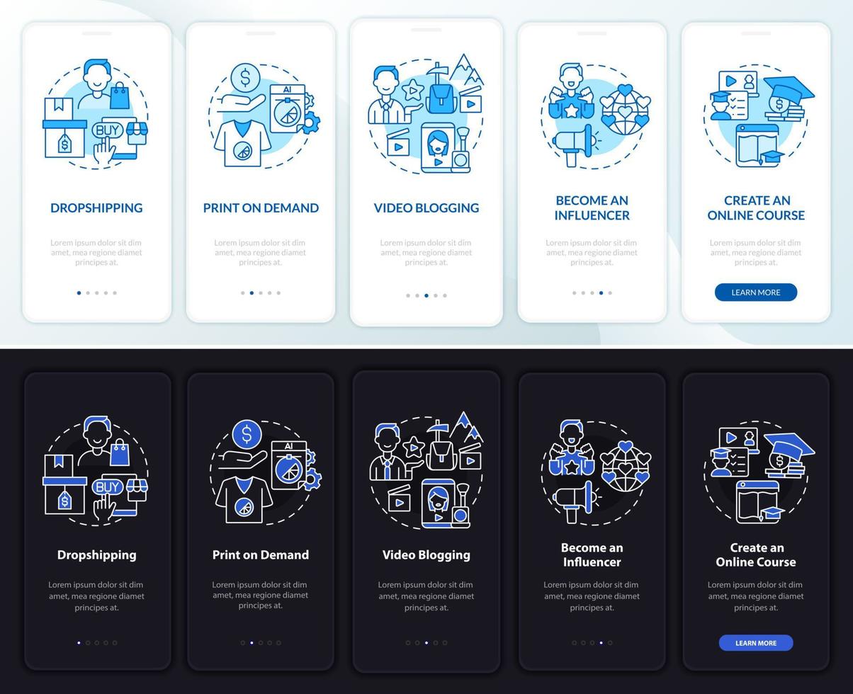 tjäna pengar online på skärmen för mobilappar. print on demand genomgång 5 steg grafiska instruktioner med koncept. ui, ux, gui vektormall med linjära natt- och daglägesillustrationer vektor