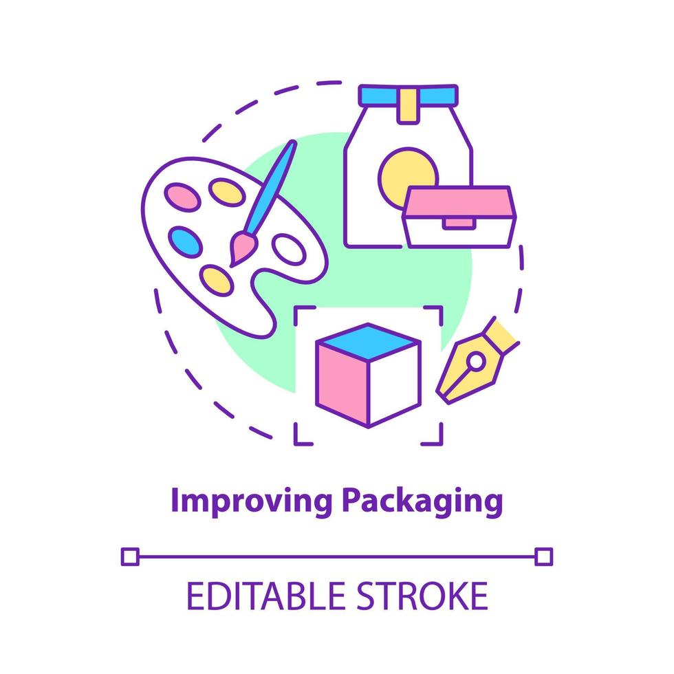 Symbol für das Verbesserung des Verpackungskonzepts. optisches Erscheinungsbild erneuern. Farbe wechseln. ändern Produktdesign abstrakte Idee dünne Linie Illustration. Vektor isolierte Umrissfarbe Zeichnung. editierbarer Strich