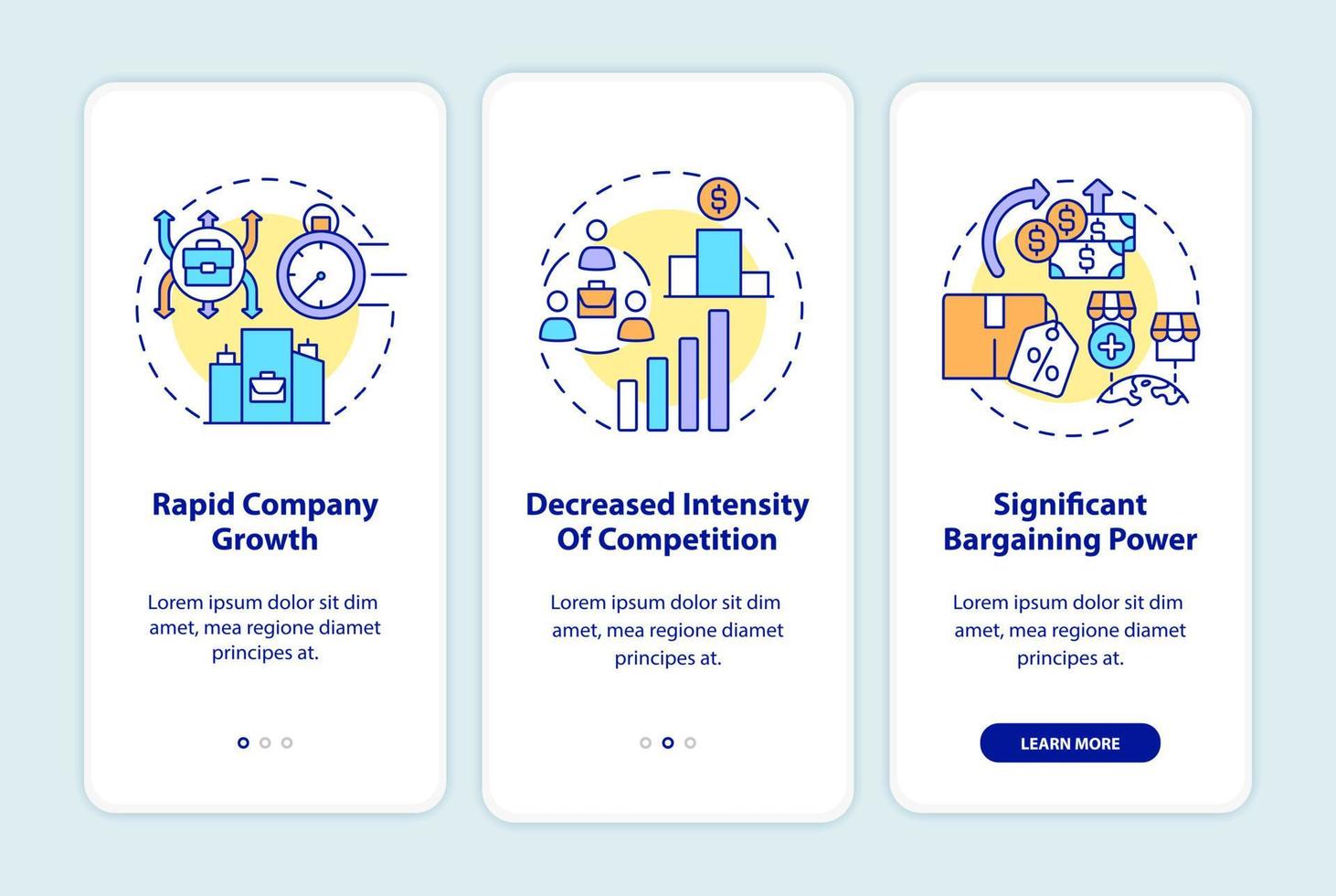 Externe Wachstumsvorteile beim Onboarding des Seitenbildschirms der mobilen App. Business Expansion Walkthrough 3 Schritte grafische Anleitung mit Konzepten. ui, ux, gui-vektorvorlage mit linearen farbillustrationen vektor