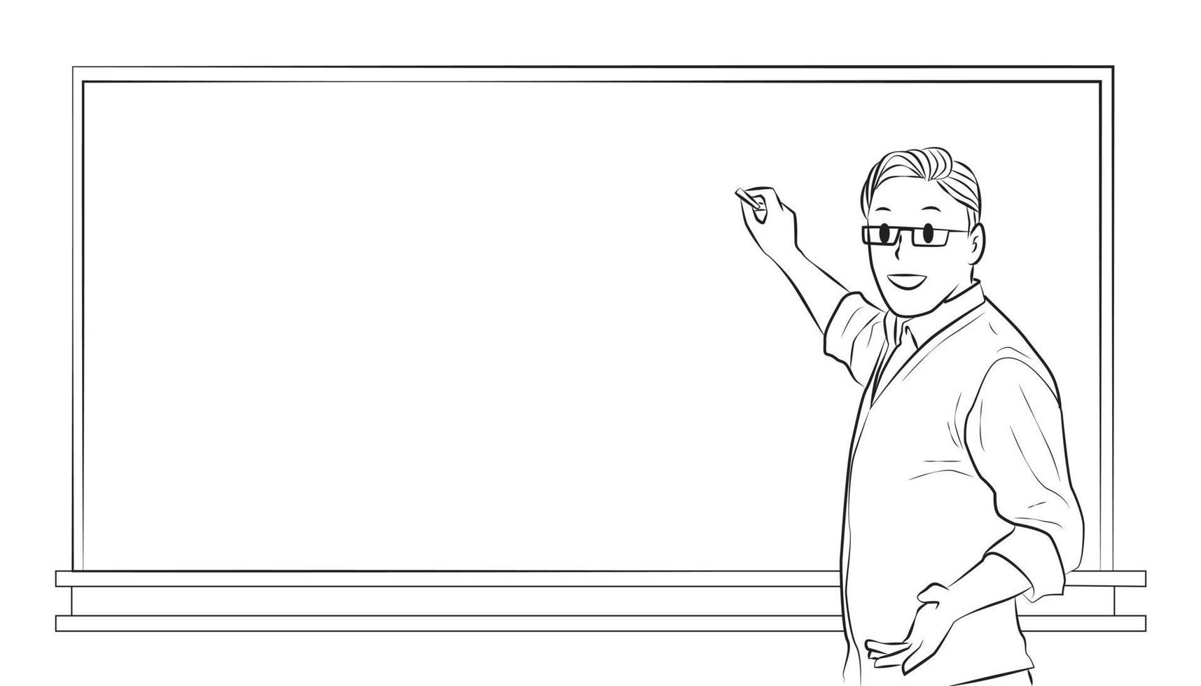 manlig lärare skriver på tavlan line art illustration vektor