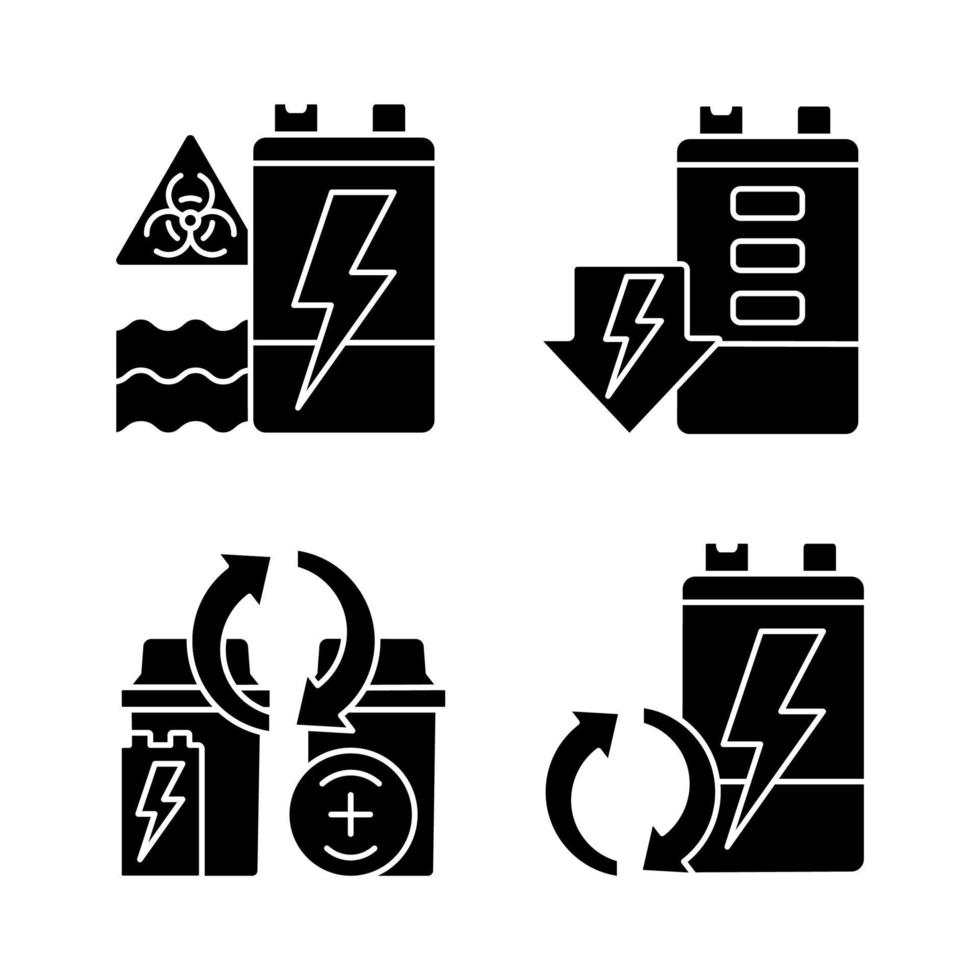 Wiederverwendung von schwarzen Glyphen-Symbolen für Batterien, die auf Leerraum gesetzt sind. Umweltverschmutzung verhindern. Recyclingstation für Elektroschrott. Akku entladen. Silhouettensymbole. vektor isolierte illustration