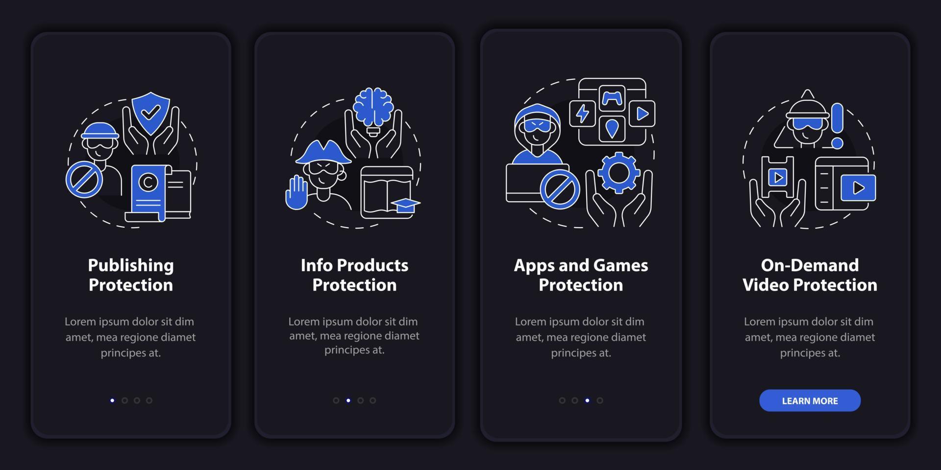 Original Works Protection beim Onboarding auf der Seite der mobilen App. Veröffentlichung Walkthrough 4 Schritte grafische Anweisungen mit Konzepten. ui, ux, gui-vektorvorlage mit linearen nachtmodusillustrationen vektor