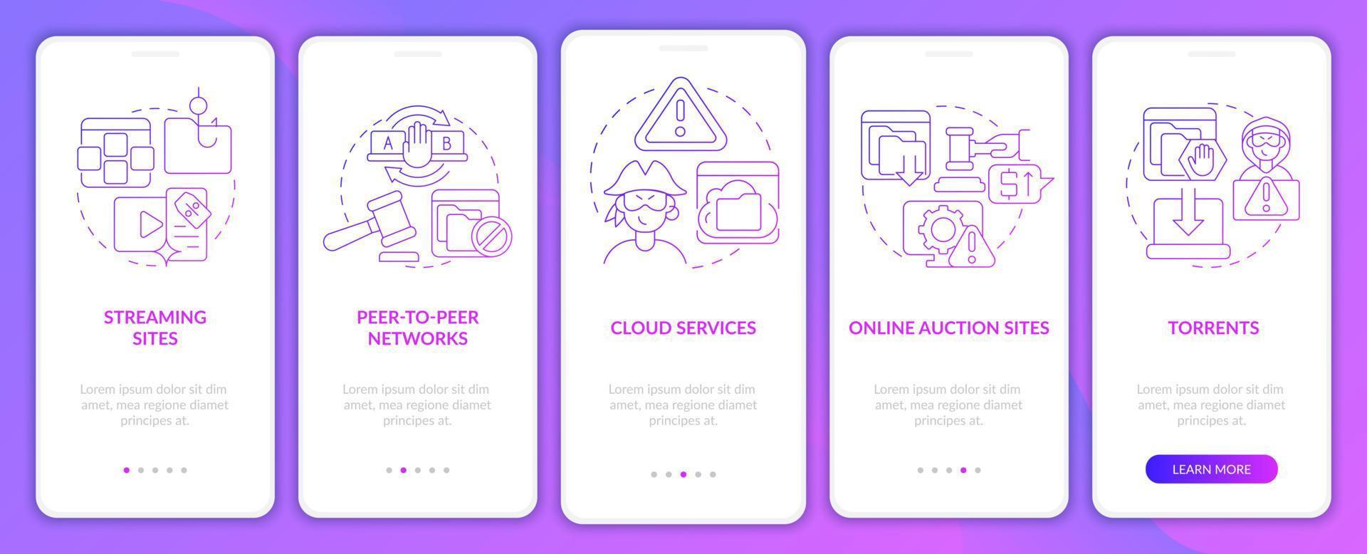 raubkopierte Websites auf dem Bildschirm der mobilen App-Seite. cloud services walkthrough 5 schritte grafische anweisungen mit konzepten. ui, ux, gui-vektorvorlage mit linearen farbillustrationen vektor