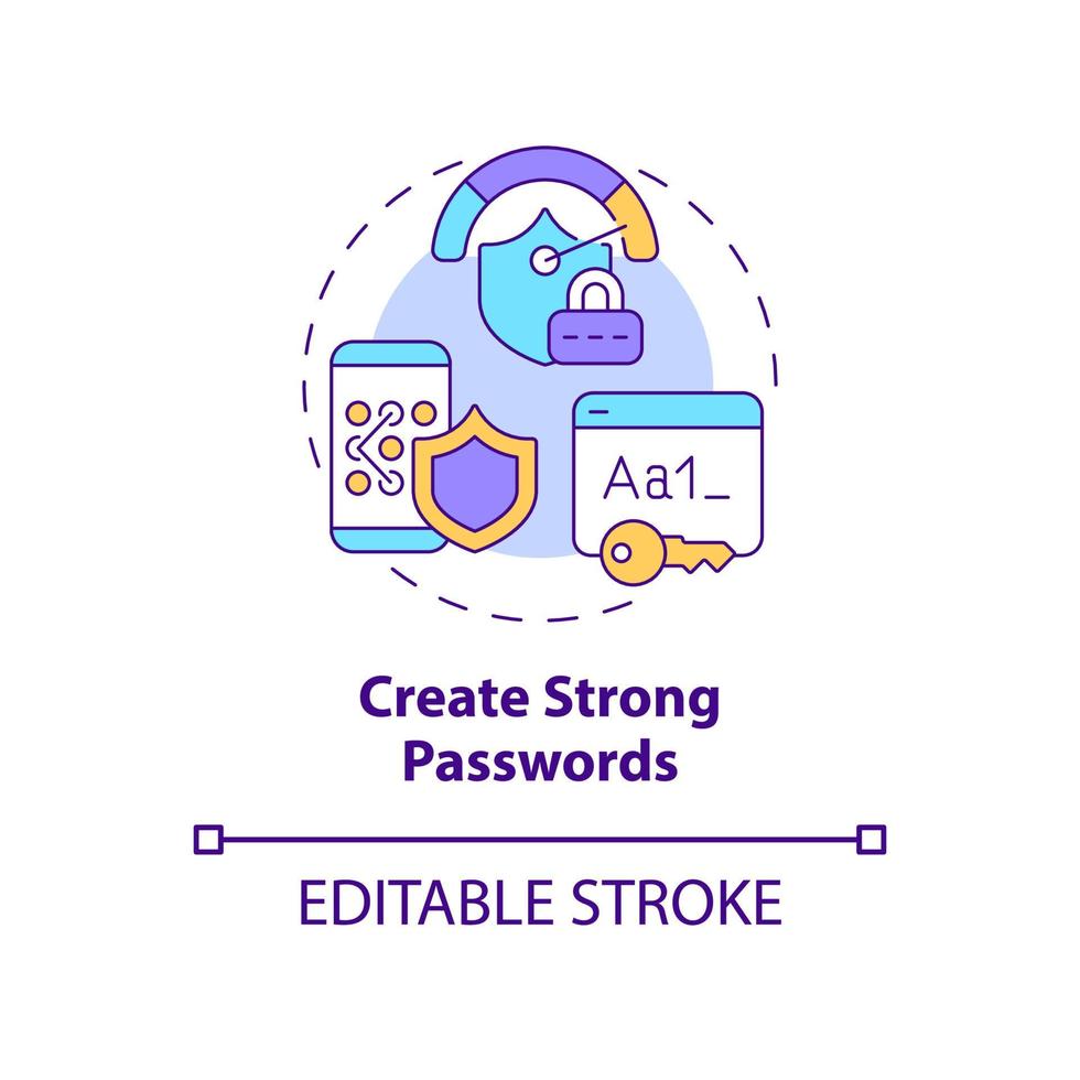 Symbol für das Konzept zur Erstellung eines starken Passworts. das Halten geschützter Apps akzeptiert. Online-Datenschutz Sicherheit abstrakte Idee dünne Linie Abbildung. Vektor isolierte Umrissfarbe Zeichnung. editierbarer Strich