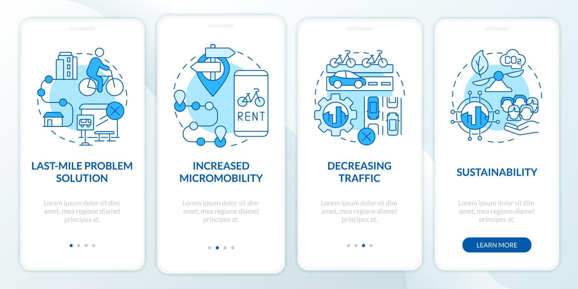 Scooter-Sharing-Vorteile beim Onboarding auf der Seite der mobilen App. verbesserte Mikromobilität Walkthrough 4 Schritte grafische Anleitung mit Konzepten. ui, ux, gui-vektorvorlage mit linearen farbillustrationen vektor