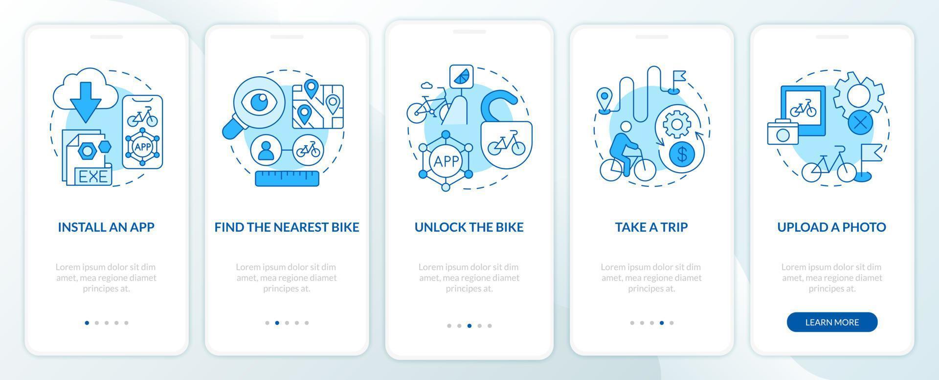 Nutzung der Fahrradfreigabe beim Onboarding auf der Seite der mobilen App. Installation der Anwendung Walkthrough 5 Schritte grafische Anweisungen mit Konzepten. ui, ux, gui-vektorvorlage mit linearen farbillustrationen vektor