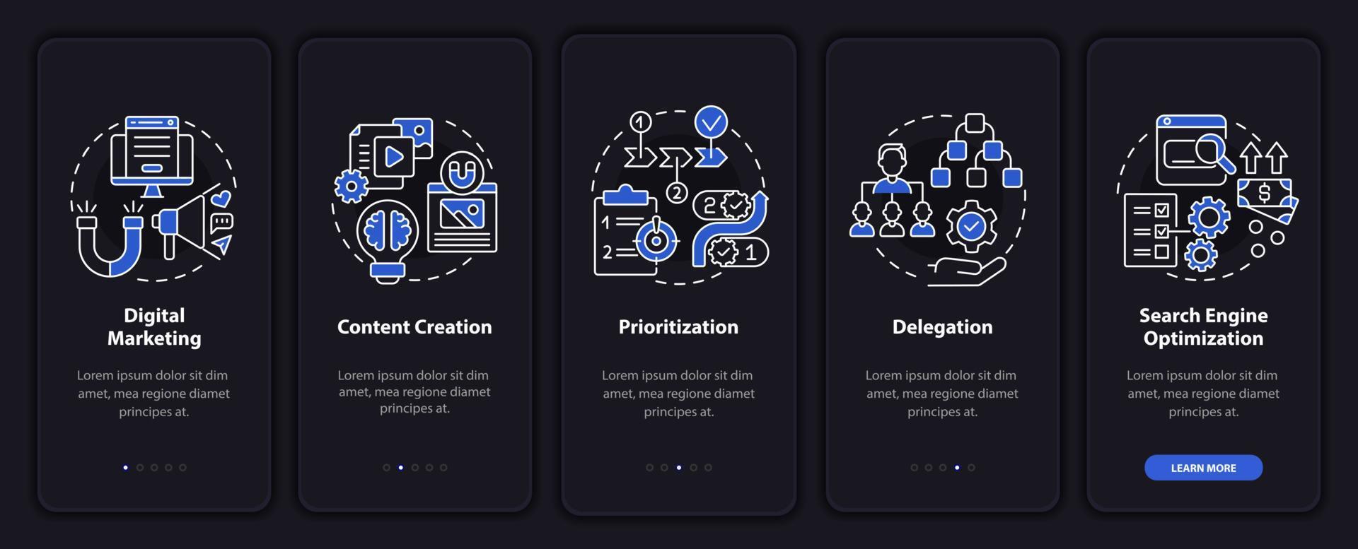 Online-Business-Fähigkeiten beim Onboarding auf der Seite der mobilen App. Inhaltserstellung Walkthrough 5 Schritte grafische Anleitungen mit Konzepten. ui, ux, gui-vektorvorlage mit linearen nachtmodusillustrationen vektor