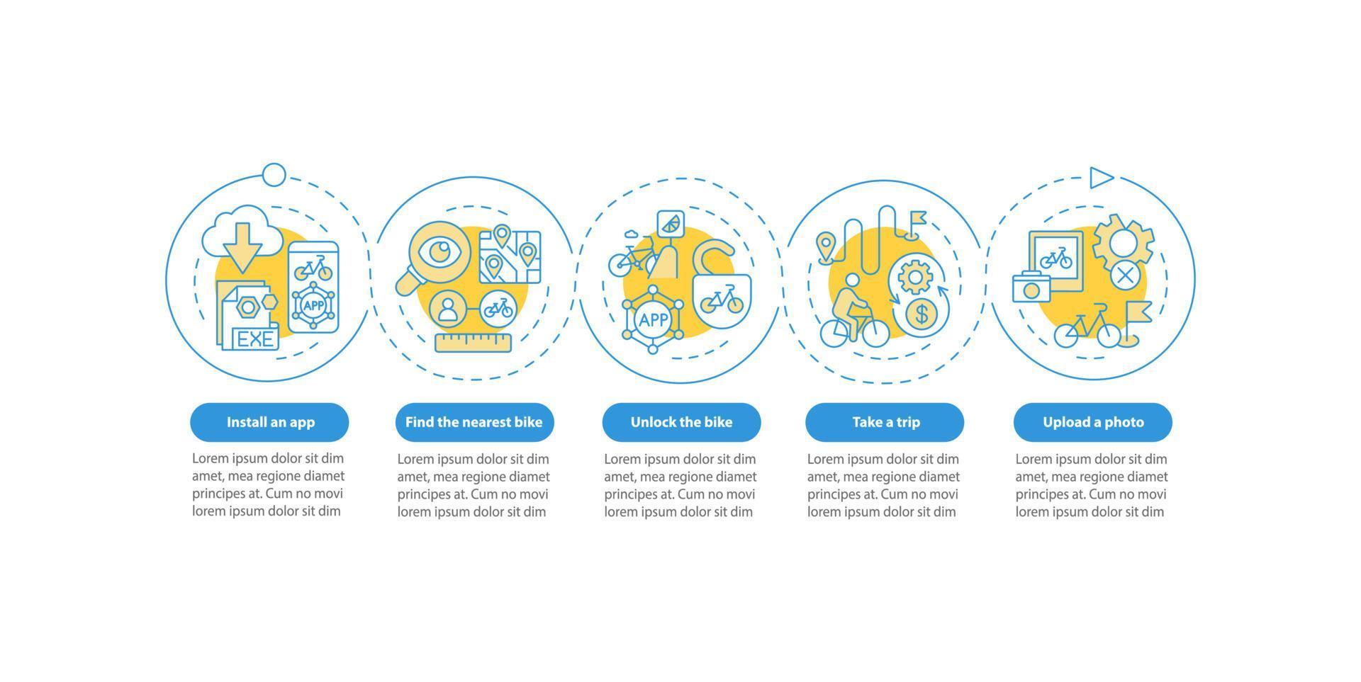 Infografik-Vorlage für den Fahrradanteil-Nutzungsvektor. Designelemente für Fahrradpräsentationen freischalten. Datenvisualisierung mit 5 Schritten. Info-Diagramm der Prozesszeitachse. Workflow-Layout mit Liniensymbolen vektor