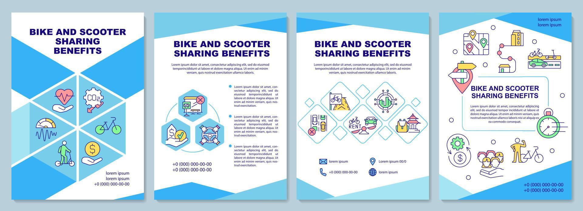 broschyrmall för dela fördelar för cykel och skoter. ekotransporter. flygblad, häfte, broschyrtryck, omslagsdesign med linjära ikoner. vektorlayouter för presentation, årsredovisningar, annonssidor vektor