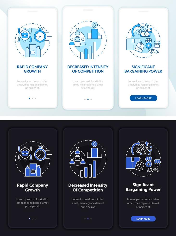 externe Wachstumsvorteile dunkler, heller Onboarding-Bildschirm der mobilen App-Seite. Komplettlösung 3 Schritte grafische Anweisungen mit Konzepten. ui, ux, gui-vektorvorlage mit linearen nacht- und tagmodusillustrationen vektor