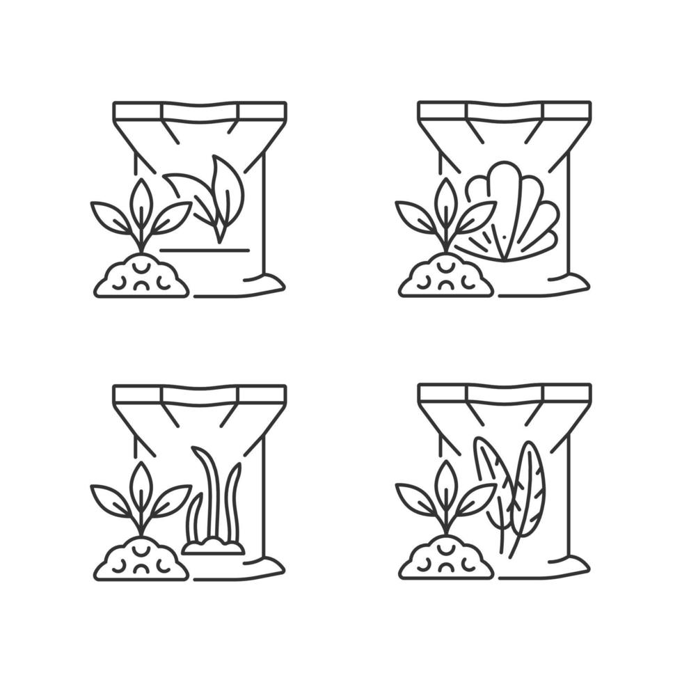 lineare symbole für natürliche pflanzenmahlzeit gesetzt. Schale, Federpulver. Nebenprodukt als Additiv verwendet. Pflanzenwachstum. anpassbare dünne Linienkontursymbole. isolierte vektorumrissillustrationen. editierbarer Strich vektor