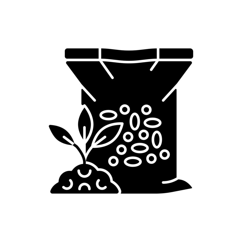 Schwarzes Glyphen-Symbol für körnigen Dünger. Pflanzenwachstum zunimmt. Gras- und Pflanzennahrung. Ergänzungen, Mineralien für den Boden. Schattenbildsymbol auf Leerraum. vektor isolierte illustration